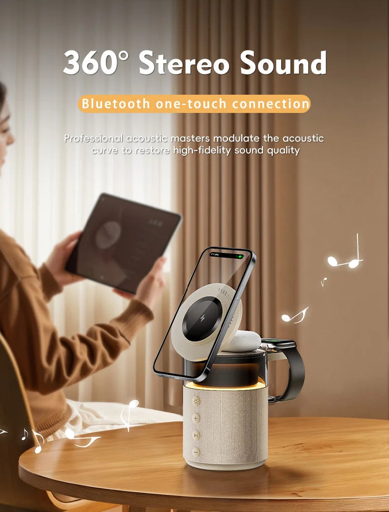 Potencia, sonido y luz: todo en una estación de carga inalámbrica magnética 5 en 1.