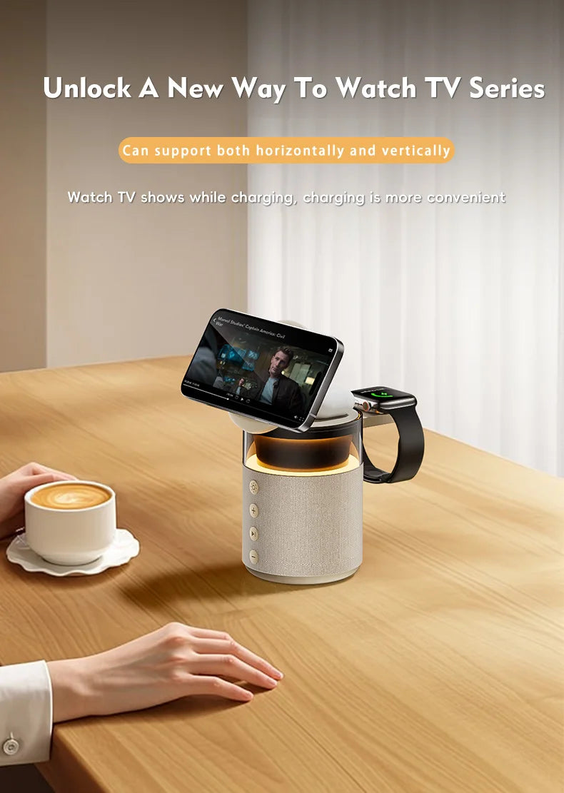 Potencia, sonido y luz: todo en una estación de carga inalámbrica magnética 5 en 1.